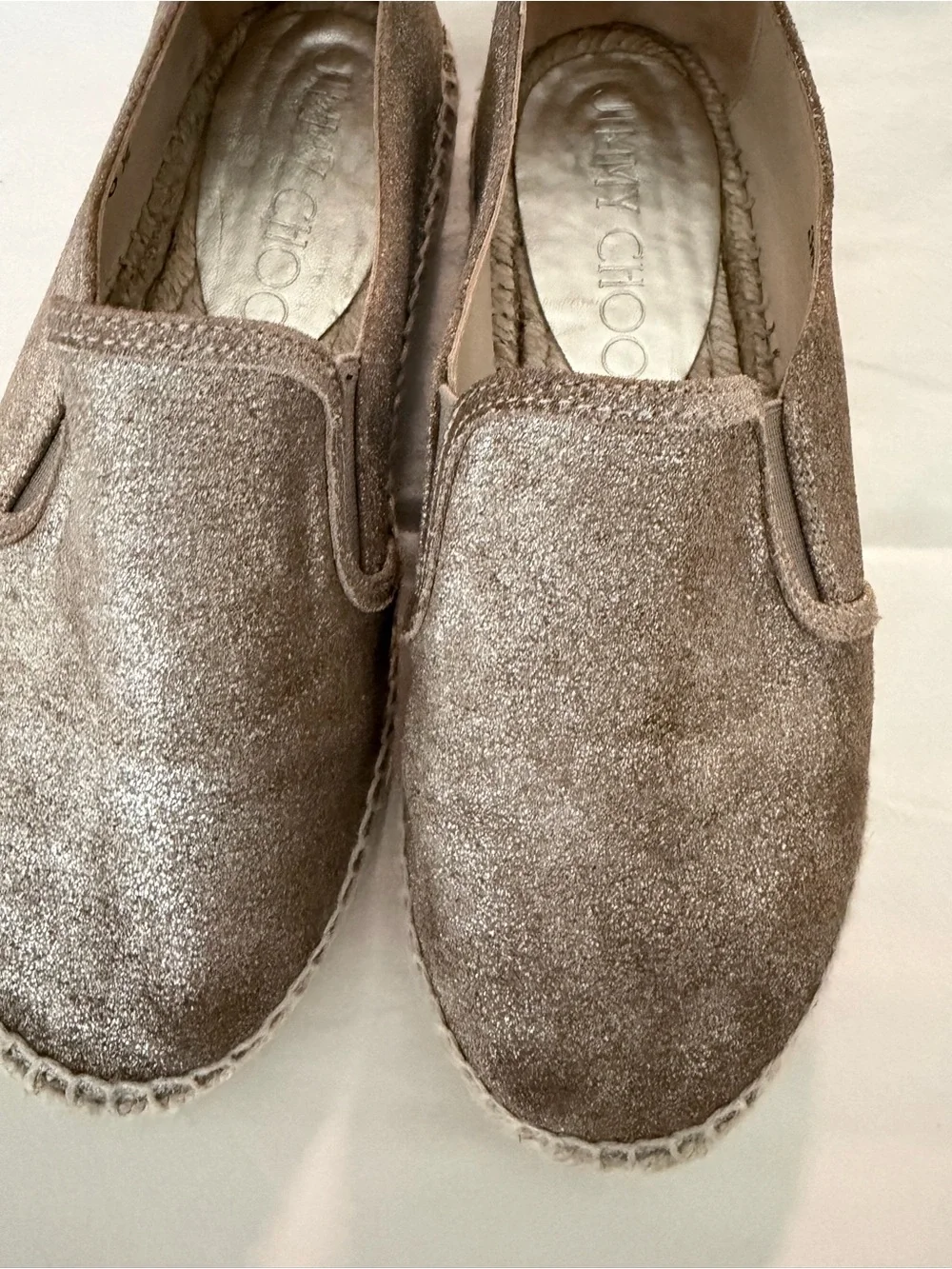 Jimmy Choo Metallic Taupe Slip-On Espadrilles